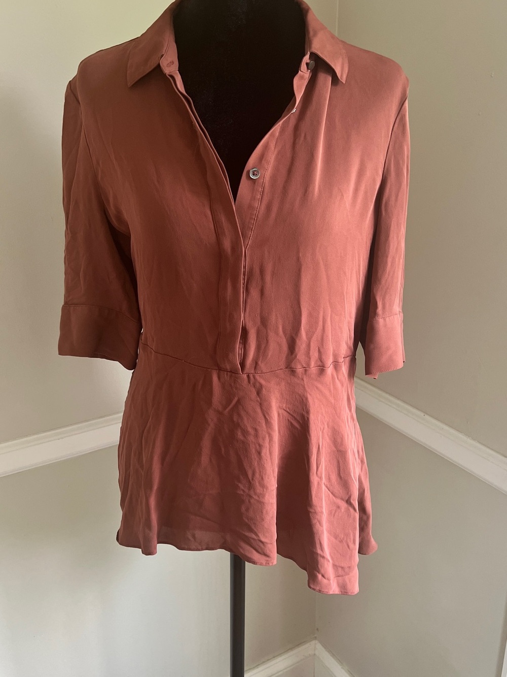 Silk LK Bennett Rust Peplum Button-Front Blouse